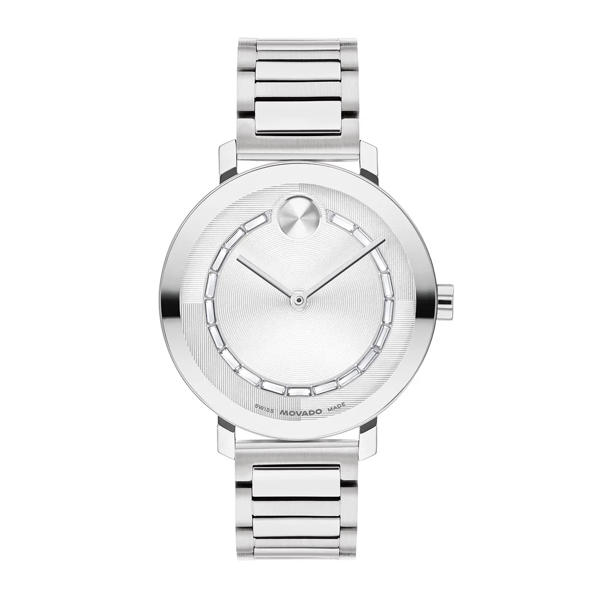 Reloj Movado análogo, para Dama, tablero redondo color plateado, estilo sin números, pulso acero color plateado