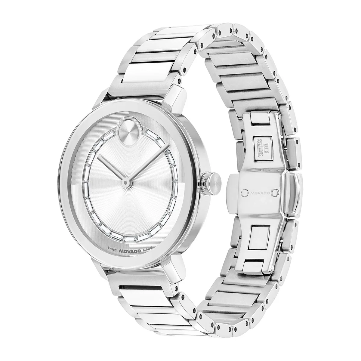 Reloj Movado análogo, para Dama, tablero redondo color plateado, estilo sin números, pulso acero color plateado