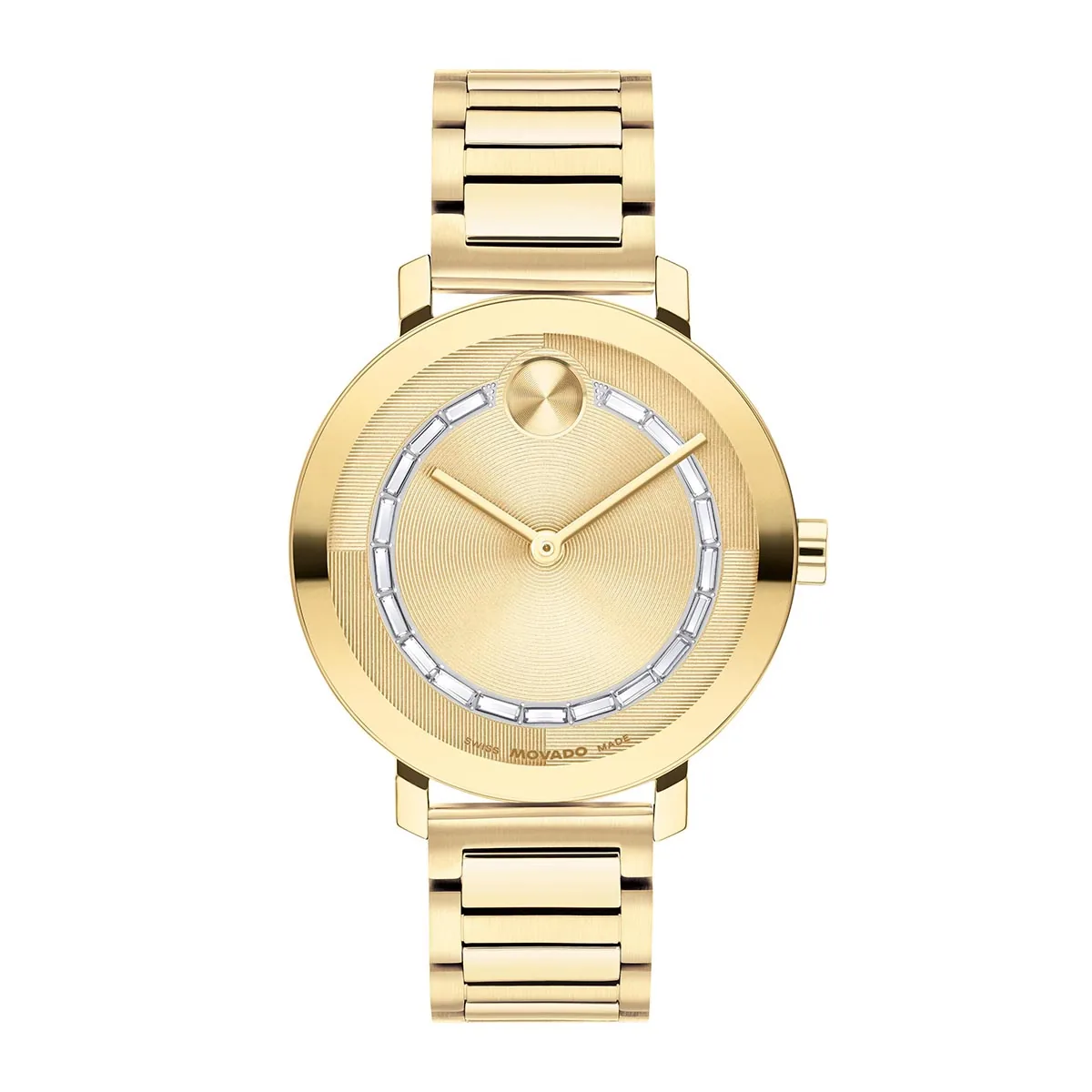 Reloj Movado análogo, para Dama, tablero redondo color dorado, estilo sin números, pulso acero color dorado
