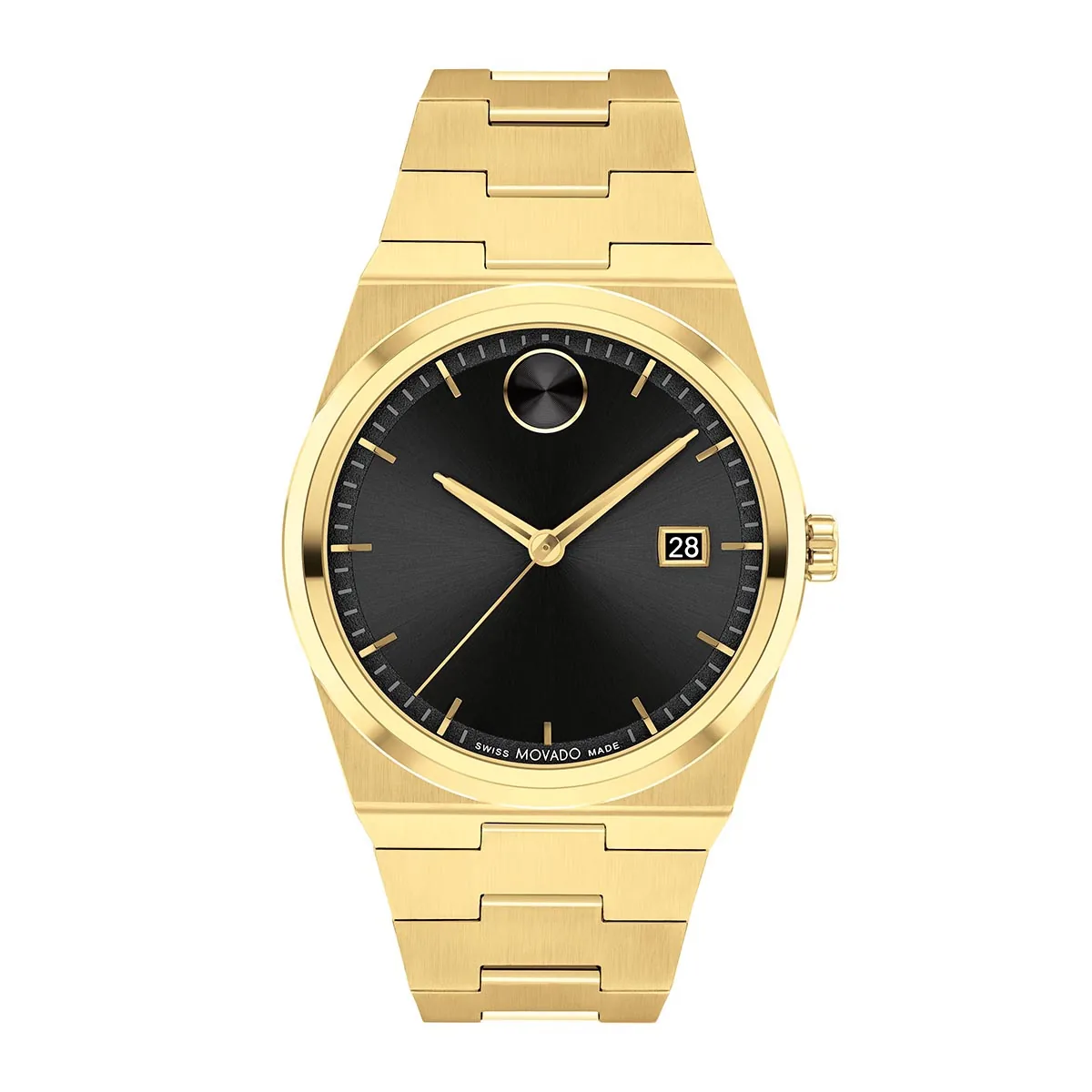 Reloj Movado análogo, para Hombre, tablero redondo colores negro y dorado, estilo index, pulso acero color dorado, calendario