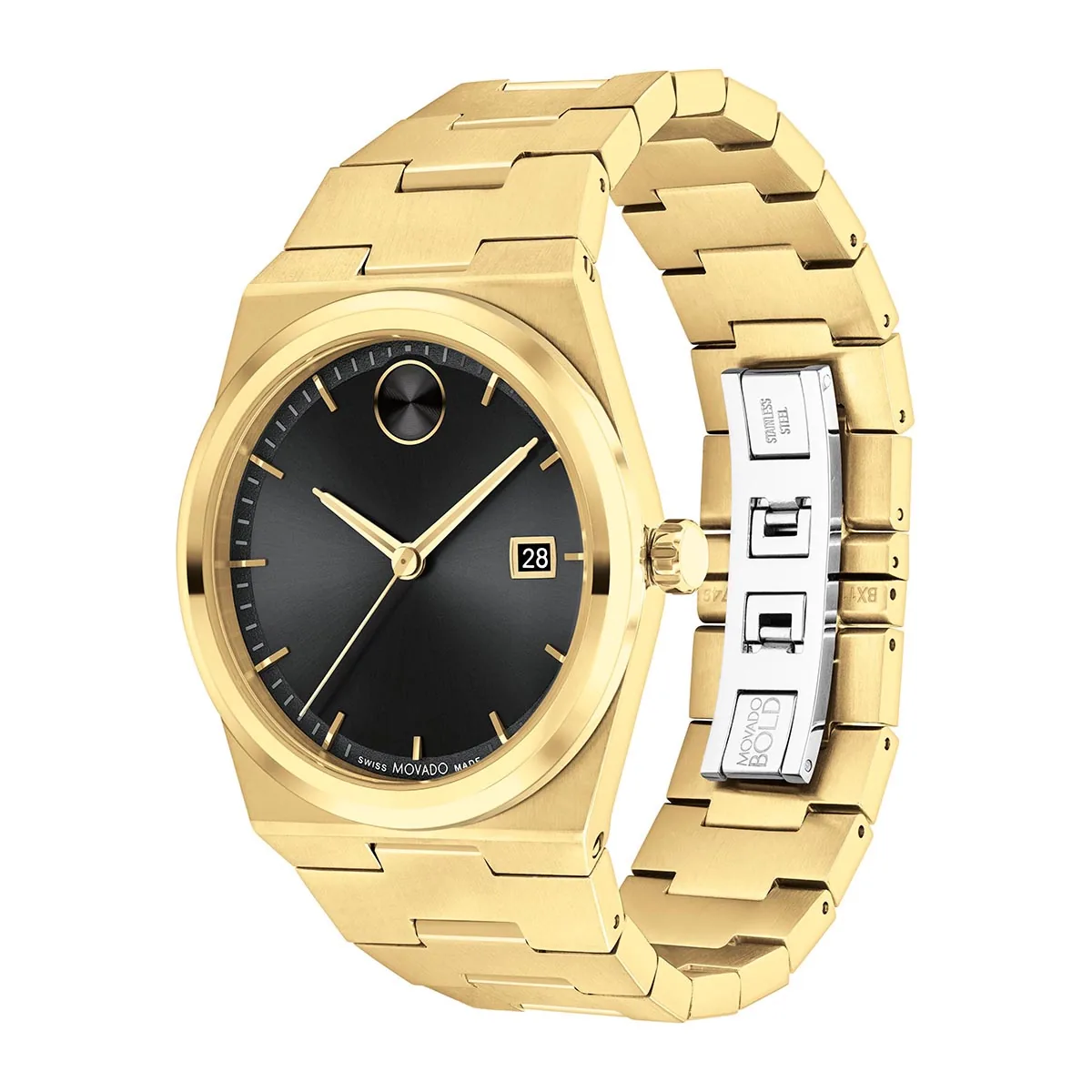 Reloj Movado análogo, para Hombre, tablero redondo colores negro y dorado, estilo index, pulso acero color dorado, calendario