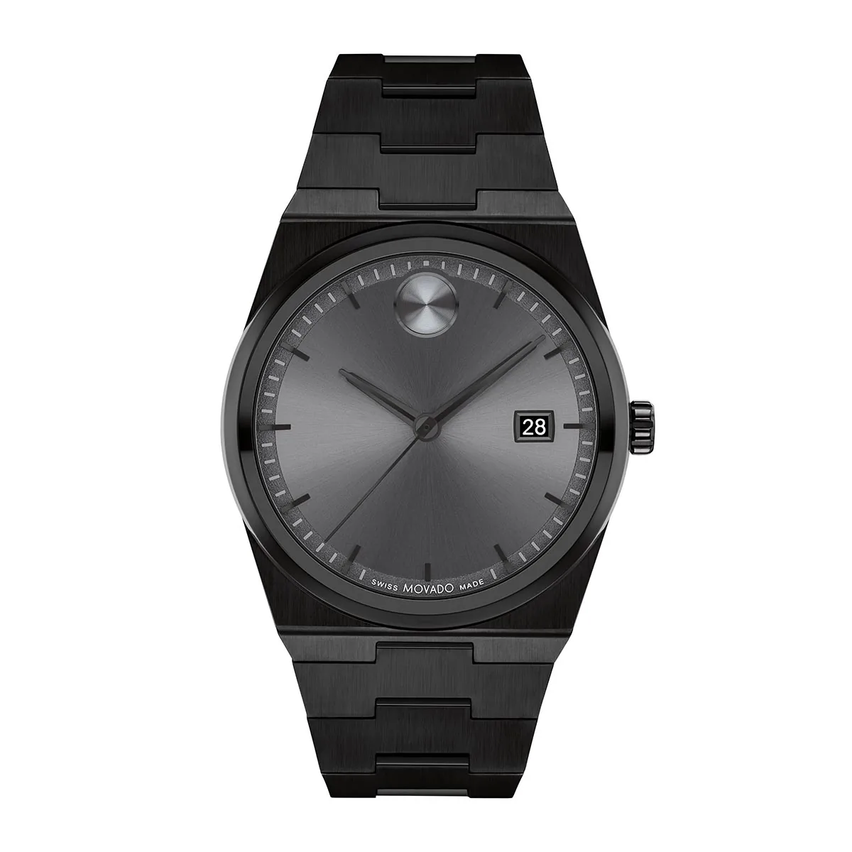 Reloj Movado análogo, para Hombre, tablero redondo color gris, estilo index, pulso acero color negro, calendario