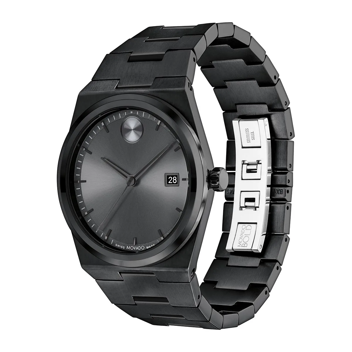 Reloj Movado análogo, para Hombre, tablero redondo color gris, estilo index, pulso acero color negro, calendario