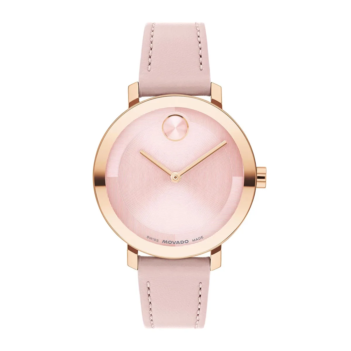 Reloj Movado análogo, para Dama, tablero redondo colores rosado y rosa, estilo sin números, pulso cuero color rosado