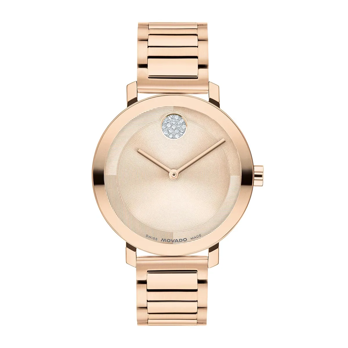 Reloj Movado análogo, para Dama, tablero redondo color rosa, estilo sin números, pulso acero color rosa