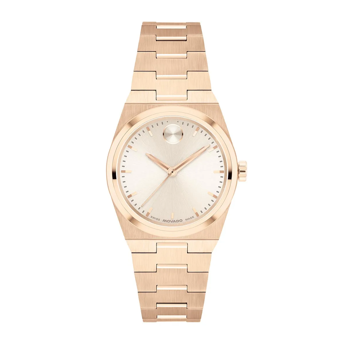 Reloj Movado análogo, para Dama, tablero redondo color rosa, estilo index, pulso acero color rosa