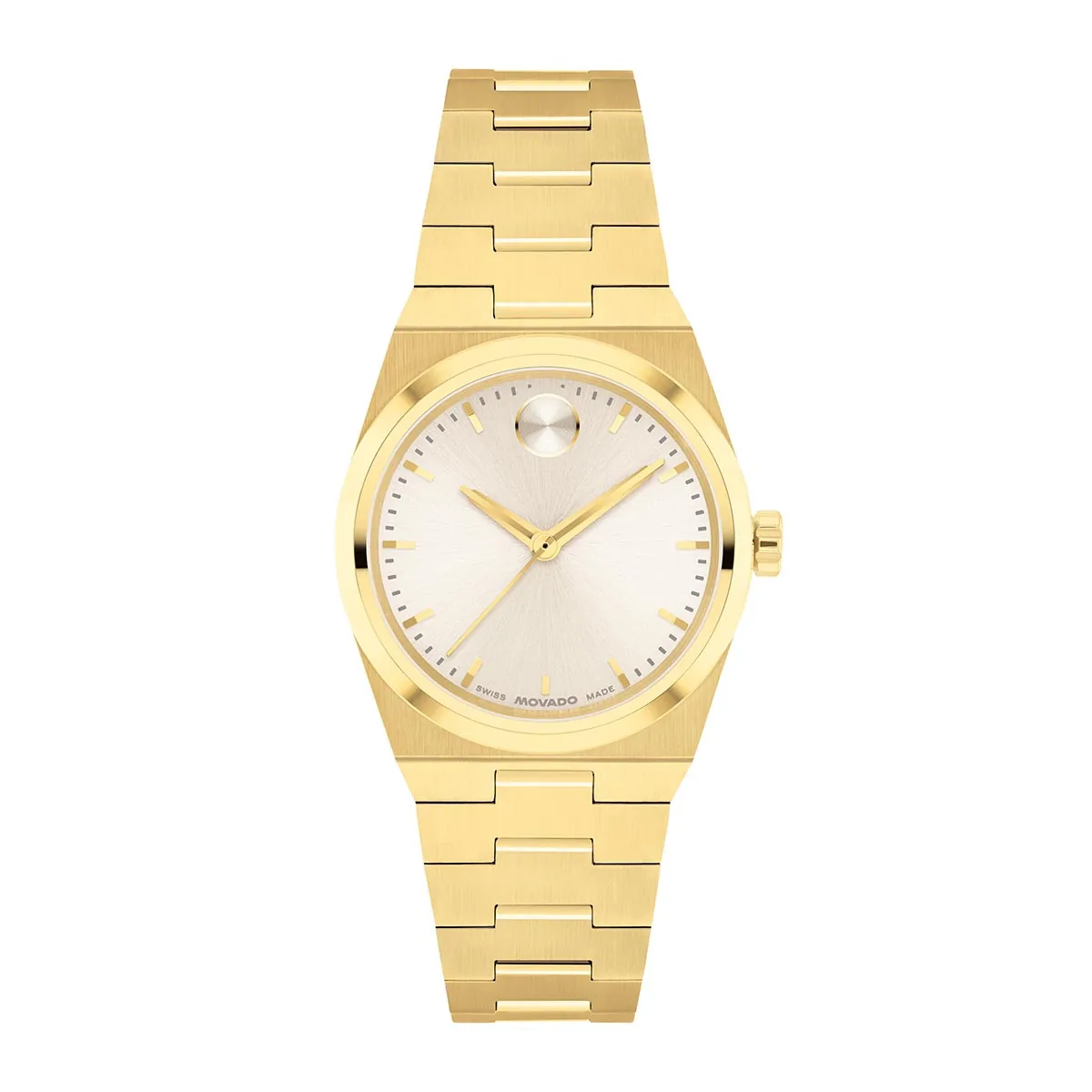 Reloj Movado análogo, para Dama, tablero redondo color dorado, estilo index, pulso acero color dorado