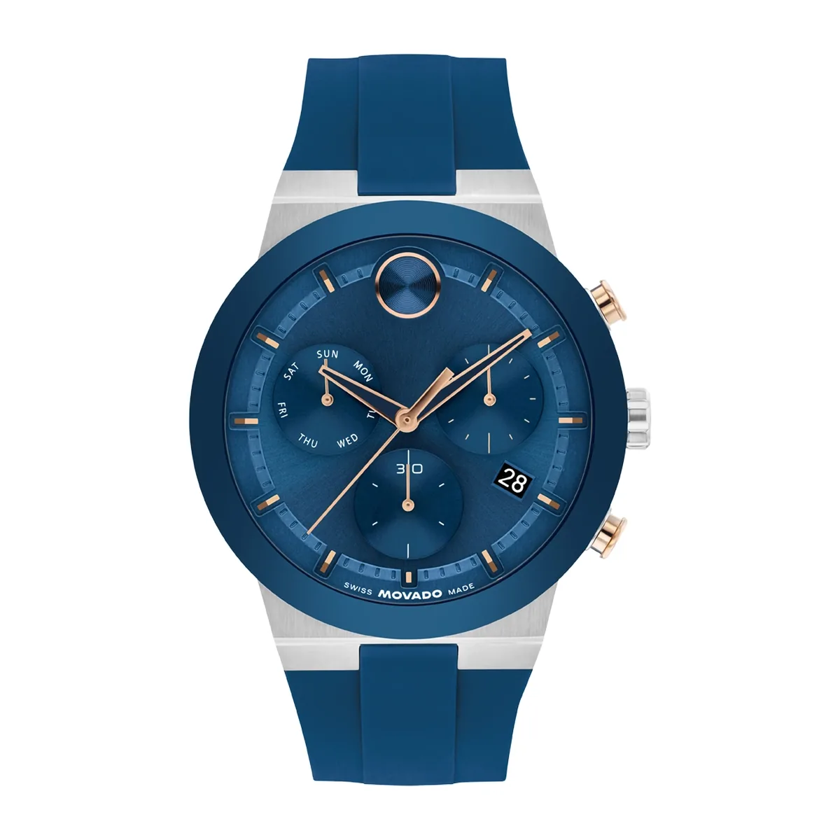 Reloj Movado análogo, para Hombre, tablero redondo color azul, estilo index, pulso silicona color azul, calendario, cronografo