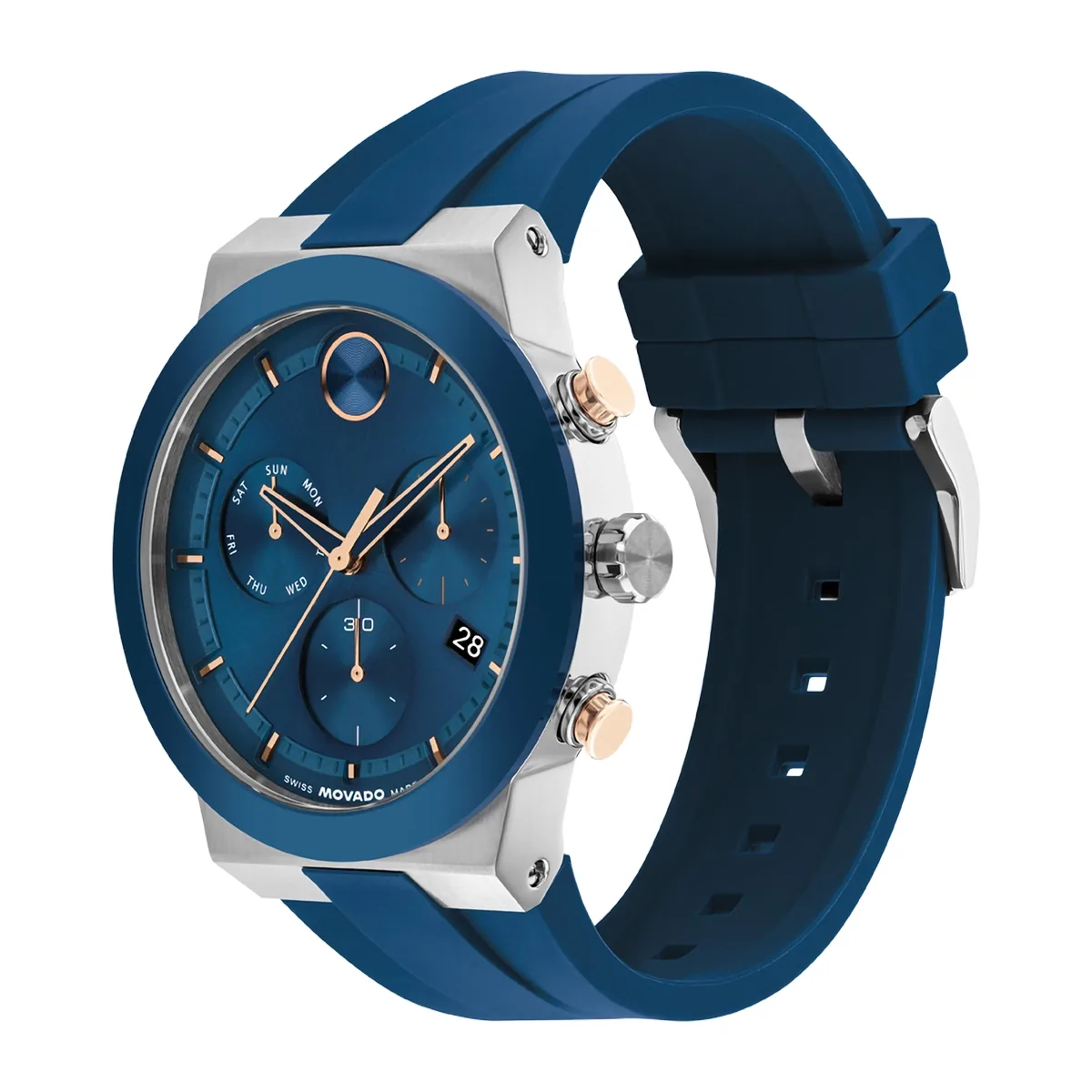 Reloj Movado análogo, para Hombre, tablero redondo color azul, estilo index, pulso silicona color azul, calendario, cronografo