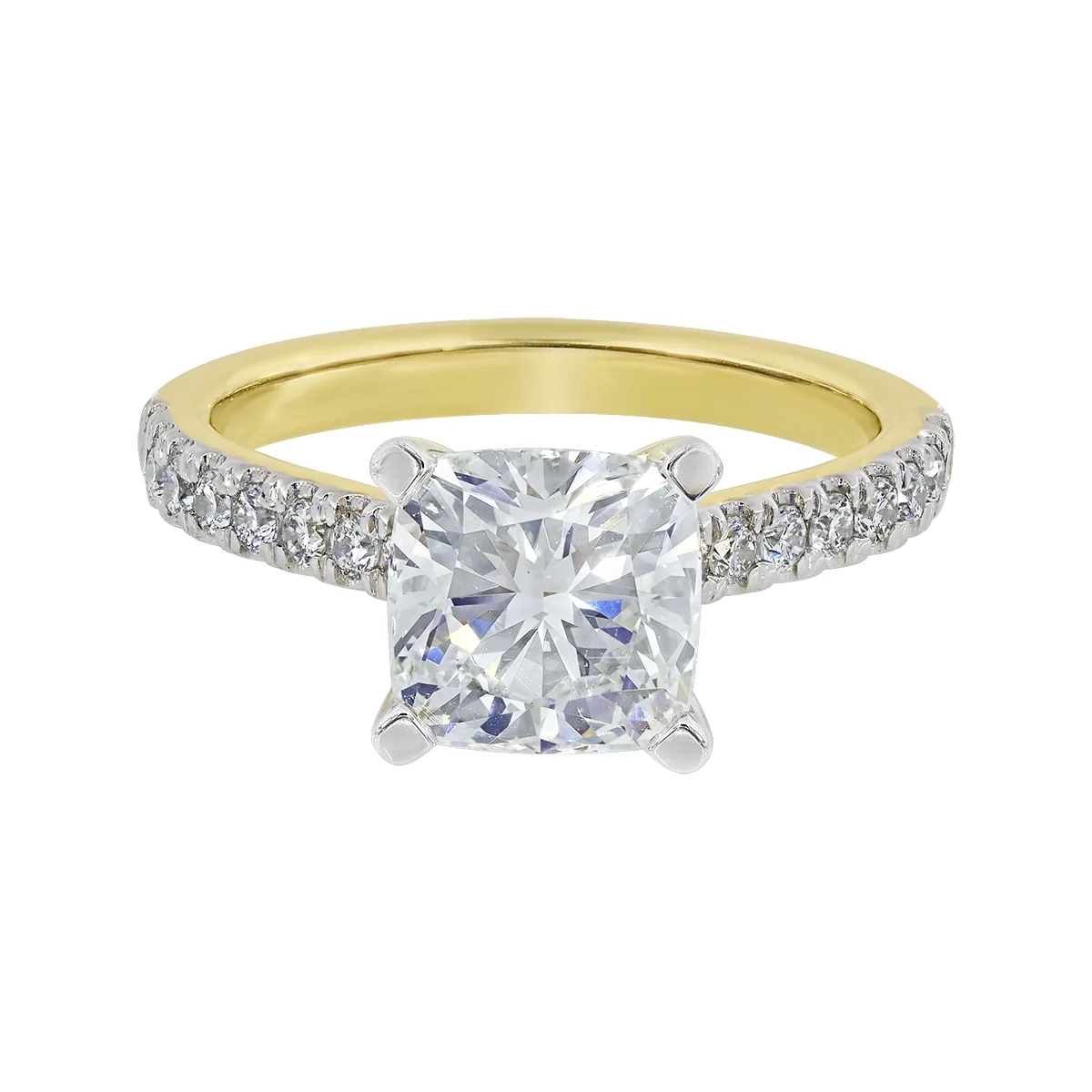 Anillo de compromiso con diamante de laboratorio central cuadrado IGI de 2.00ct y decoración en diamantes de laboratorio, oro 2 tonos 18k, rodinado