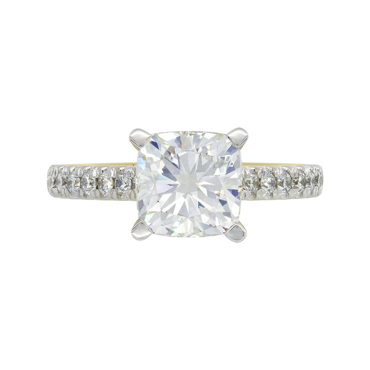 Anillo de compromiso con diamante de laboratorio central cuadrado IGI de 2.00ct y decoración en diamantes de laboratorio, oro 2 tonos 18k, rodinado