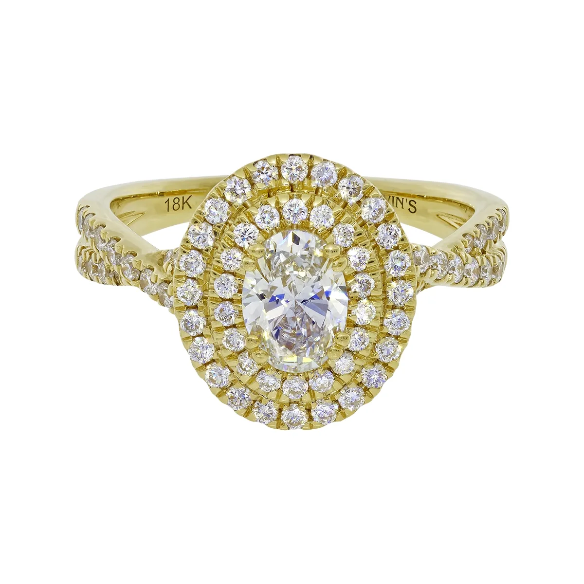 Anillo de compromiso halo doble, con diamante de laboratorio central óvalo IGI de 0.70ct y decoración en diamantes de laboratorio, oro tono amarillo 18k