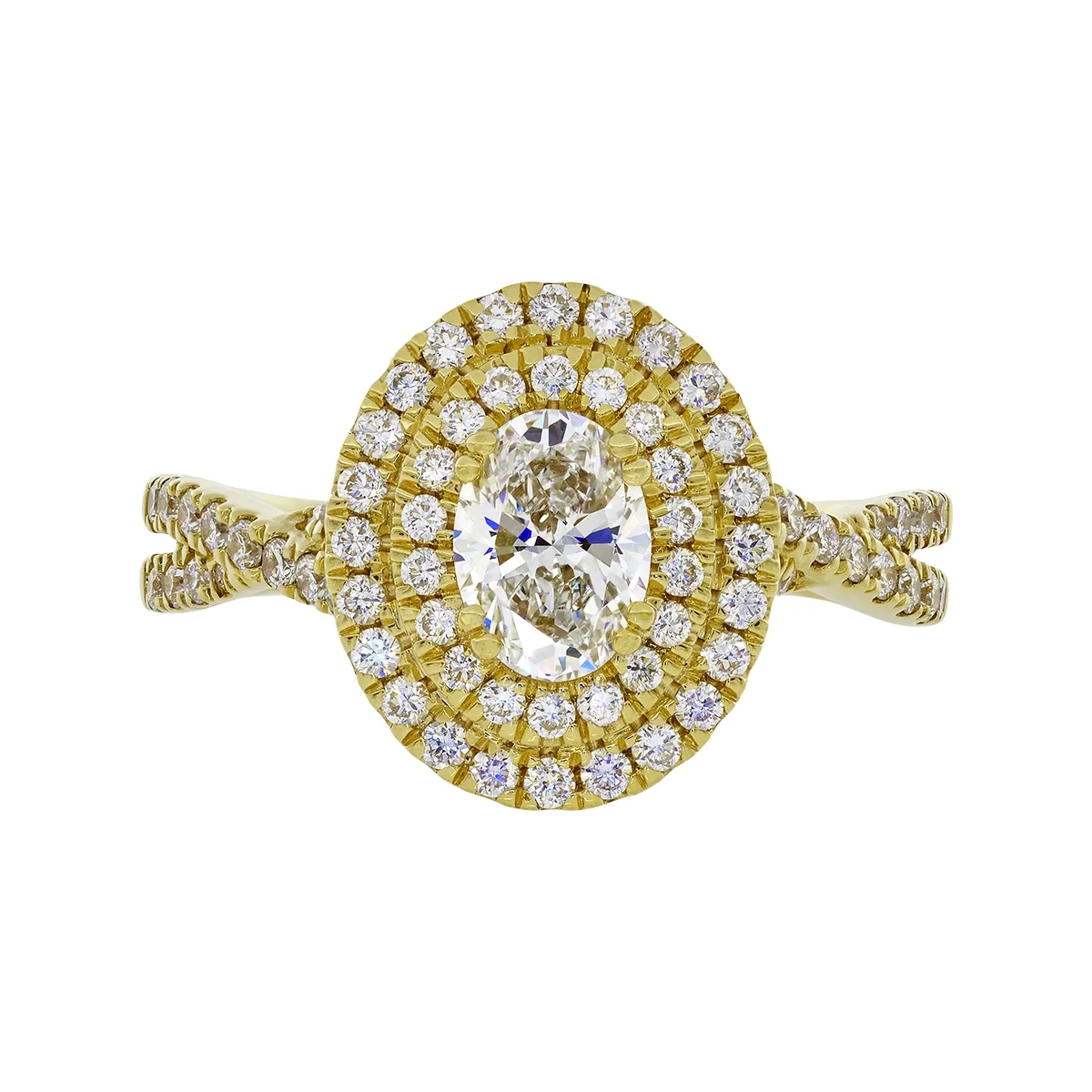 Anillo de compromiso halo doble, con diamante de laboratorio central óvalo IGI de 0.70ct y decoración en diamantes de laboratorio, oro tono amarillo 18k