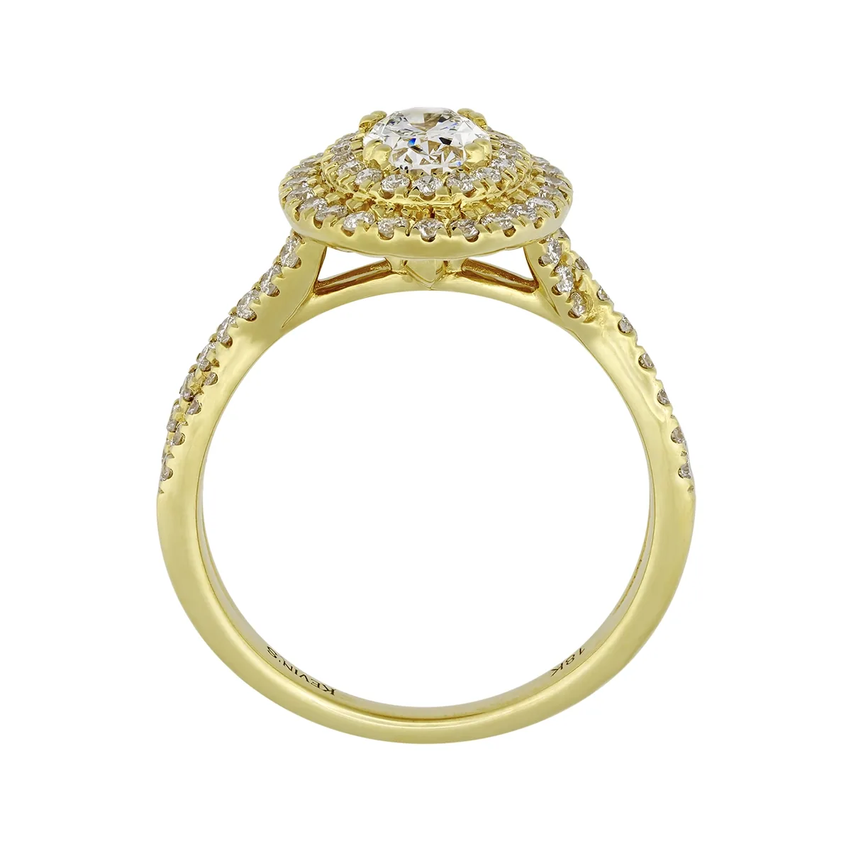 Anillo de compromiso halo doble, con diamante de laboratorio central óvalo IGI de 0.70ct y decoración en diamantes de laboratorio, oro tono amarillo 18k