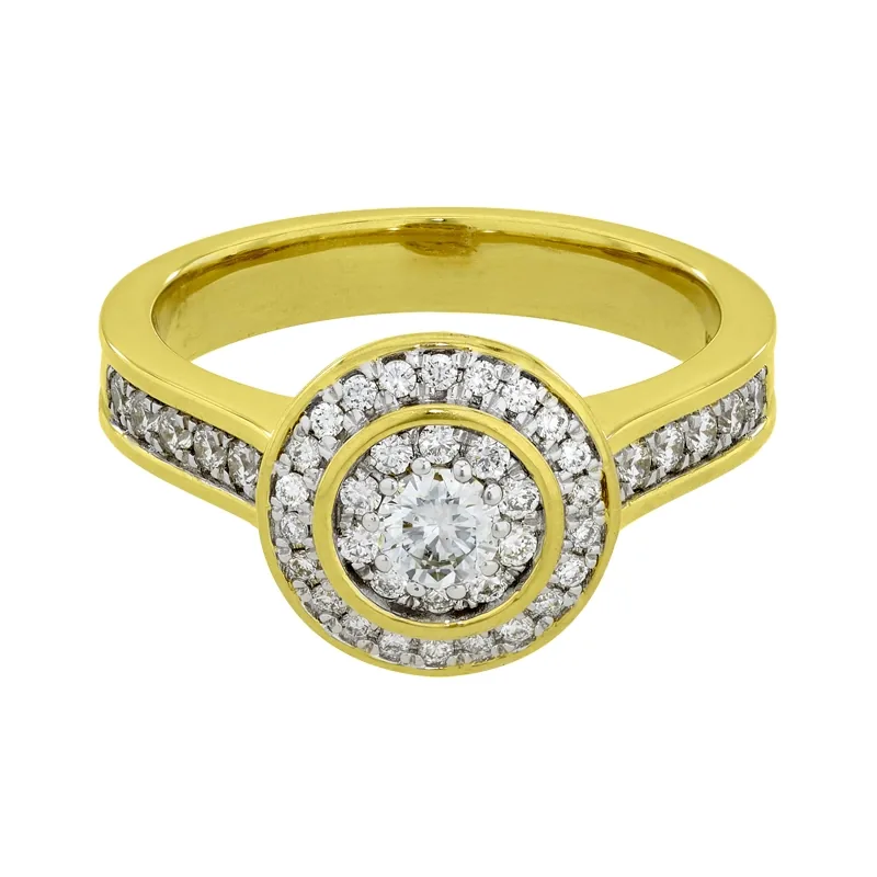 Anillo de compromiso halo redondo, con diamante central redondo de 0.17ct y decoración en diamantes, oro 2 tonos 18k, rodinado