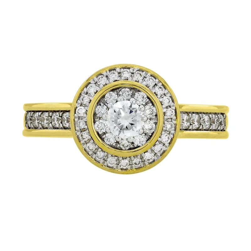 Anillo de compromiso halo redondo, con diamante central redondo de 0.17ct y decoración en diamantes, oro 2 tonos 18k, rodinado