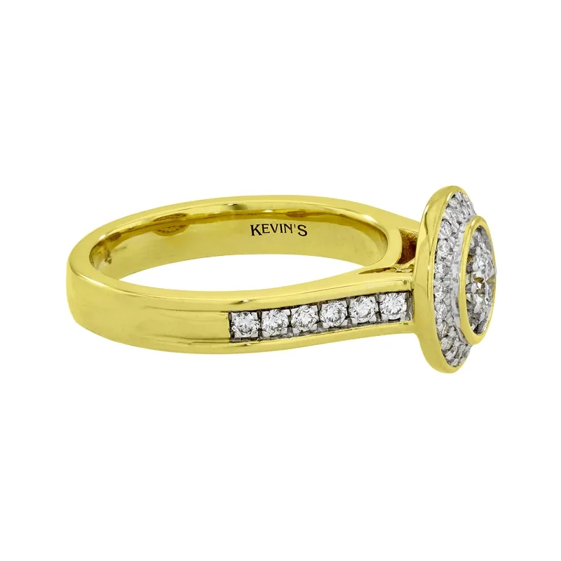 Anillo de compromiso halo redondo, con diamante central redondo de 0.17ct y decoración en diamantes, oro 2 tonos 18k, rodinado