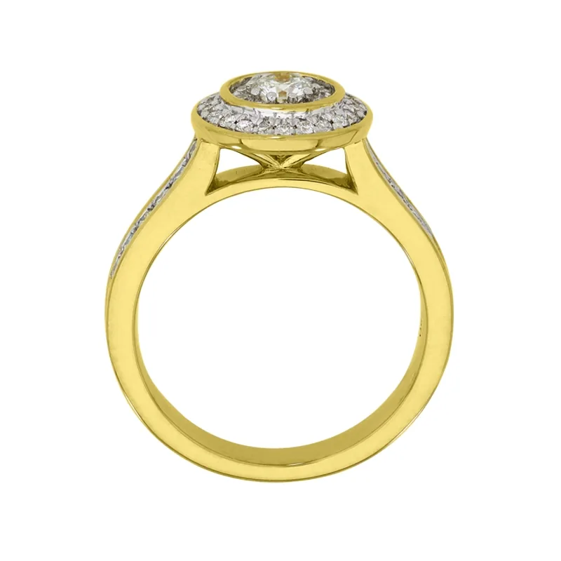 Anillo de compromiso halo redondo, con diamante central redondo de 0.17ct y decoración en diamantes, oro 2 tonos 18k, rodinado