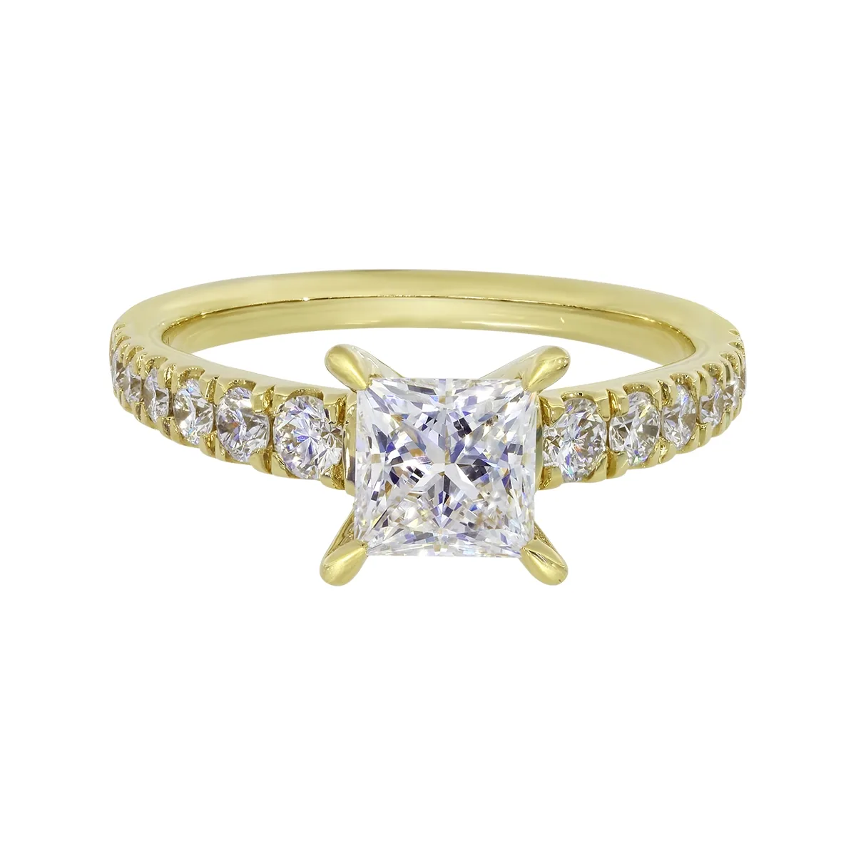 Anillo de compromiso con diamante de laboratorio central princess IGI de 1.00ct y decoración en diamantes de laboratorio, oro tono amarillo 18k