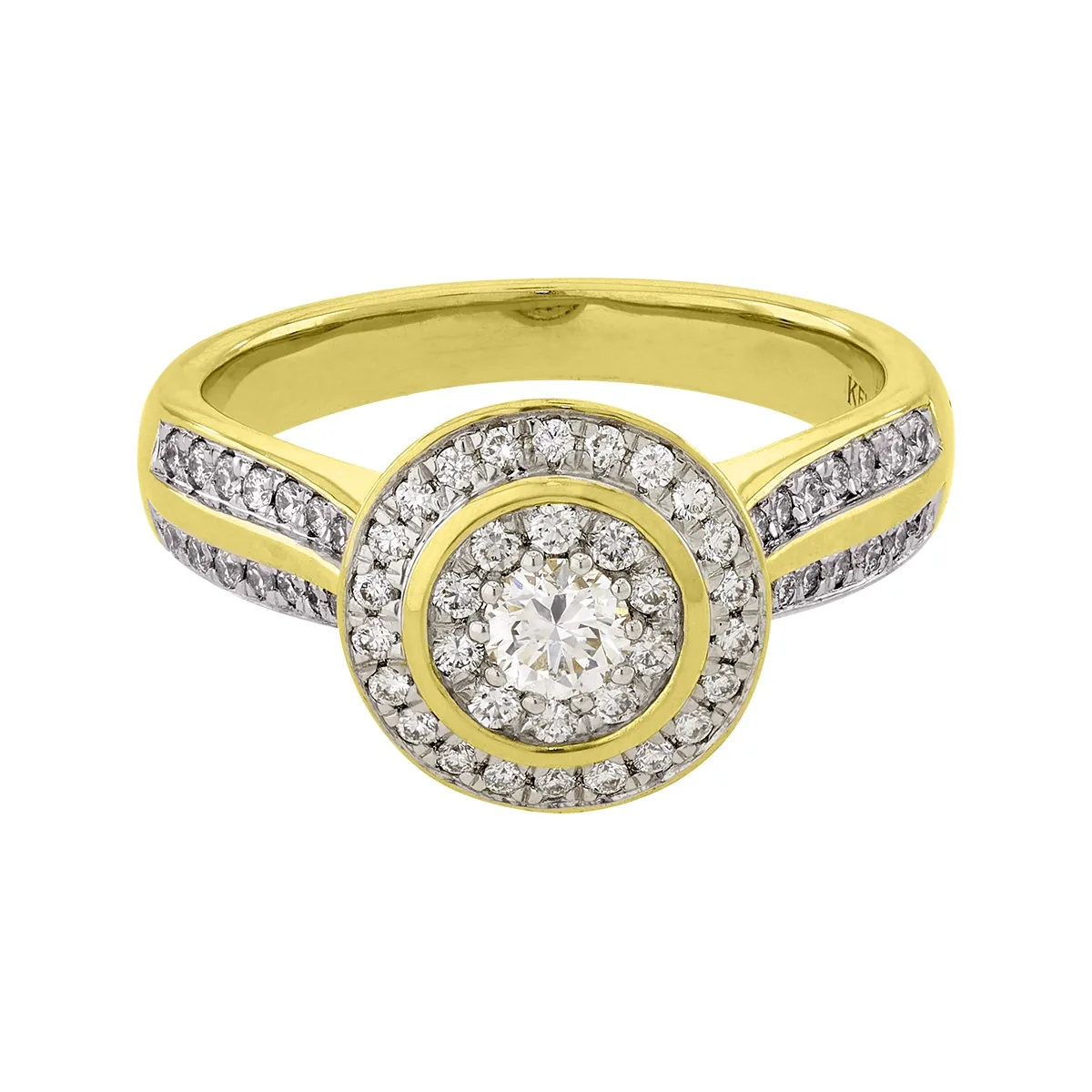 Anillo de compromiso halo redondo, con diamante central redondo de 0.17ct y decoración en diamantes, oro 2 tonos 18k, rodinado