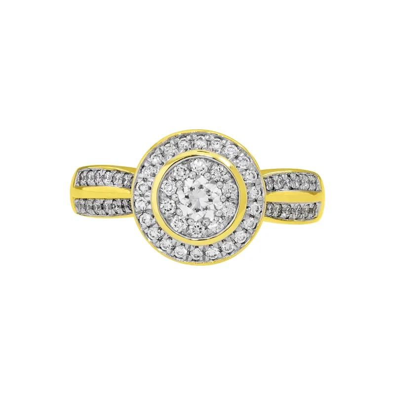 Anillo de compromiso halo redondo, con diamante central redondo de 0.17ct y decoración en diamantes, oro 2 tonos 18k, rodinado