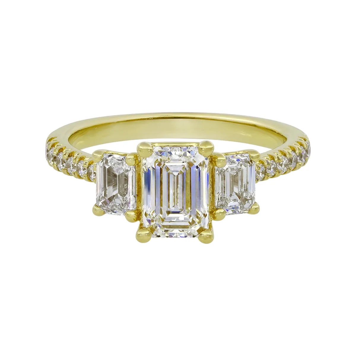 Anillo de compromiso con diamante de laboratorio central corte esmeralda IGI de 1.00ct y decoración en diamantes de laboratorio, oro tono amarillo 18k