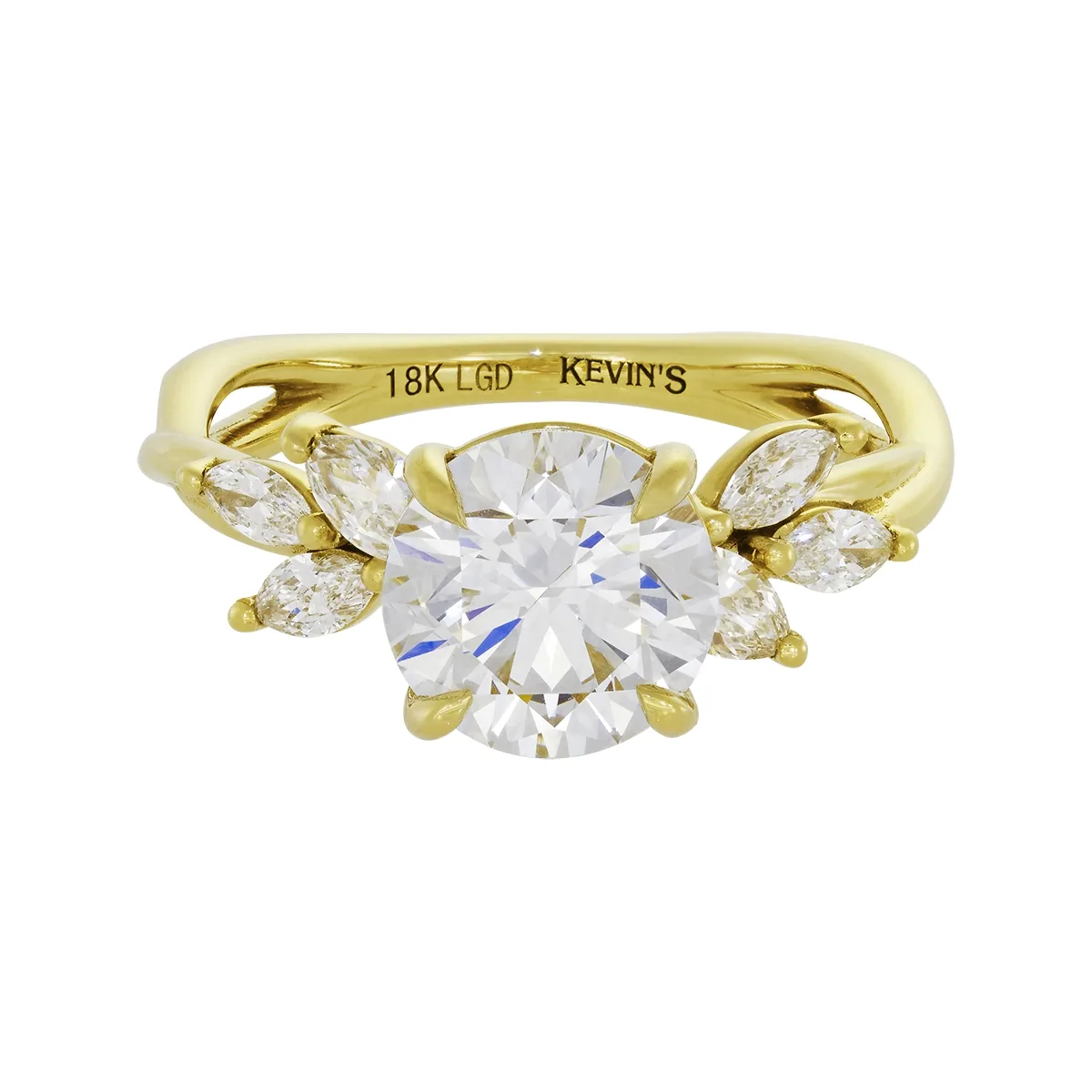 Anillo de compromiso con diamante de laboratorio central redondo de 2.00ct y decoración en diamantes de laboratorio, oro tono amarillo 18k