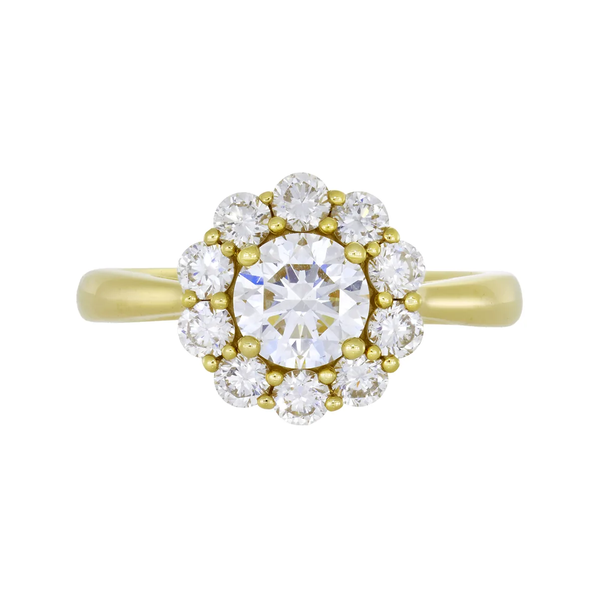 Anillo de compromiso halo redondo, con diamante de laboratorio central redondo de 0.70ct y decoración en diamantes de laboratorio, oro tono amarillo 18k