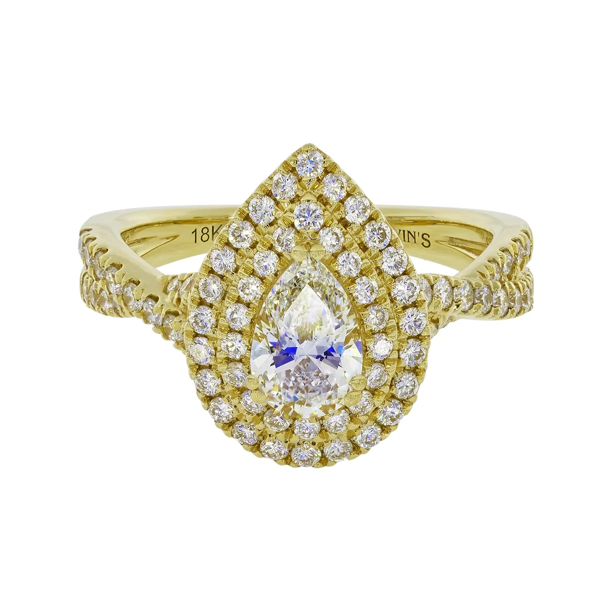 Anillo de compromiso halo doble, con diamante de laboratorio central pera IGI de 0.70ct y decoración en diamantes de laboratorio, oro tono amarillo 18k