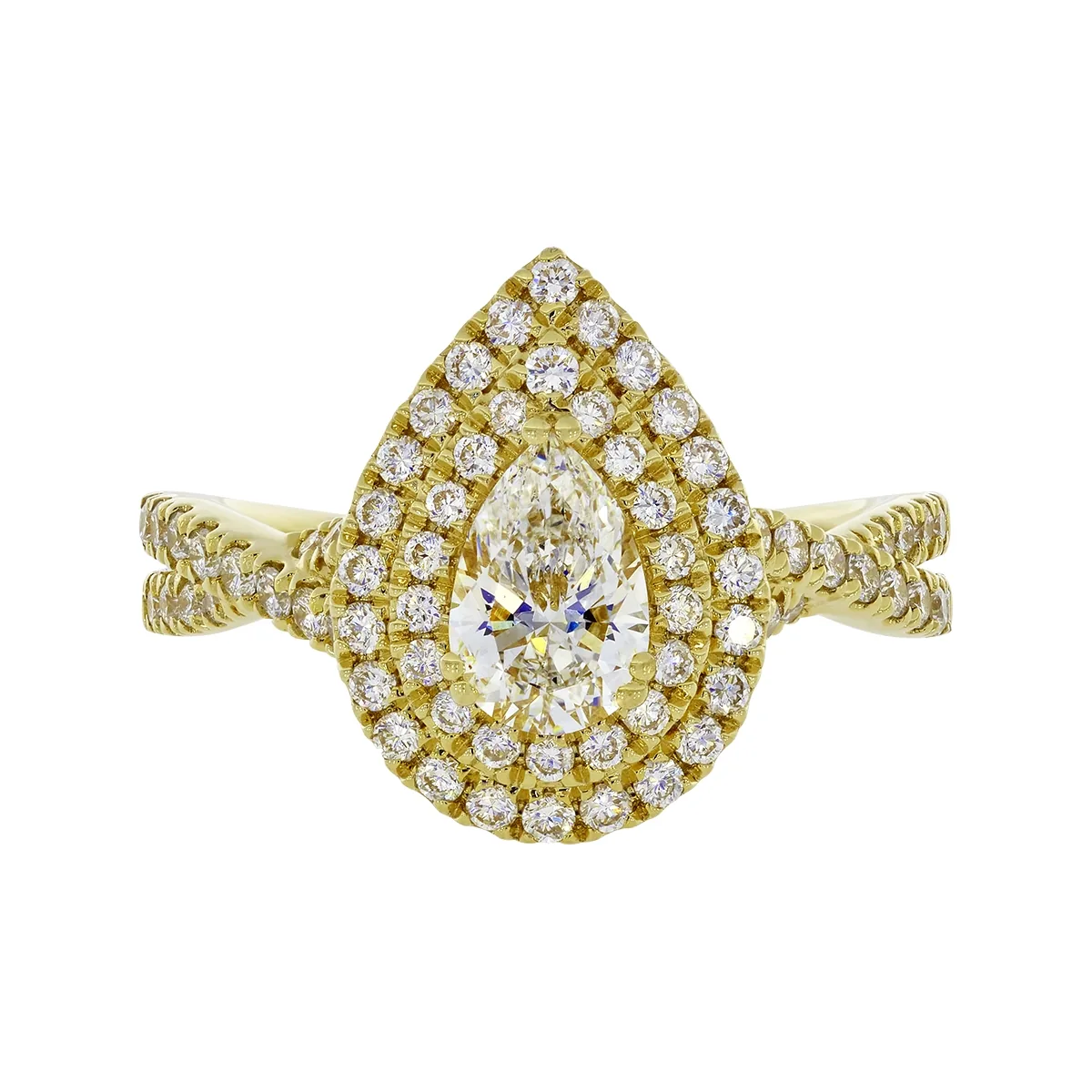Anillo de compromiso halo doble, con diamante de laboratorio central pera IGI de 0.70ct y decoración en diamantes de laboratorio, oro tono amarillo 18k