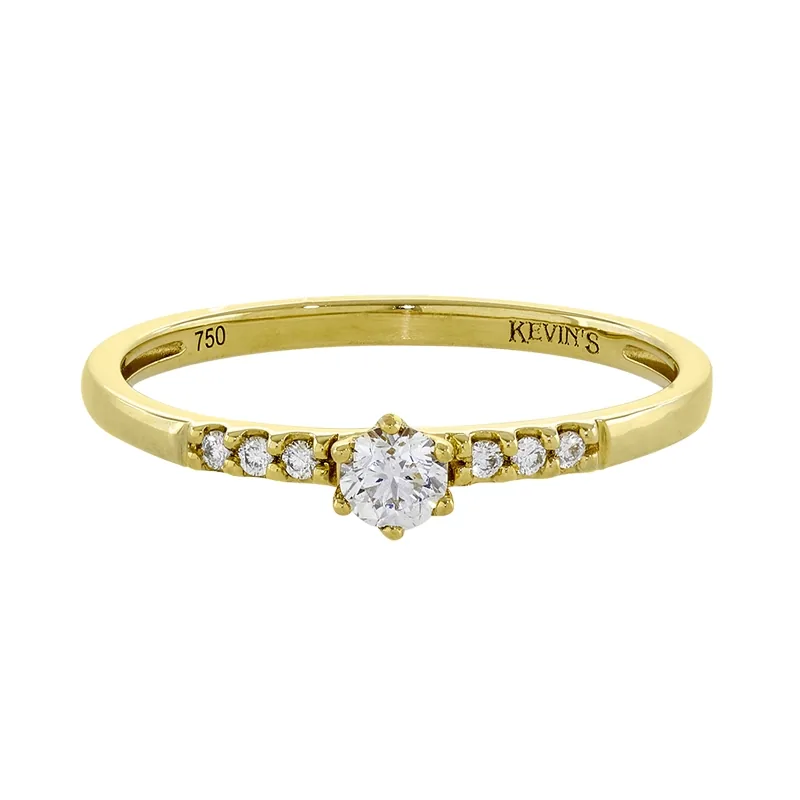 Anillo de compromiso con diamante central redondo de 0.12ct y decoración en diamantes, oro tono amarillo 18k