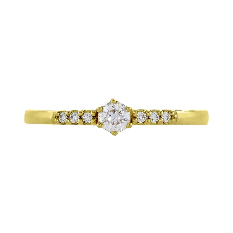 Anillo de compromiso con diamante central redondo de 0.12ct y decoración en diamantes, oro tono amarillo 18k