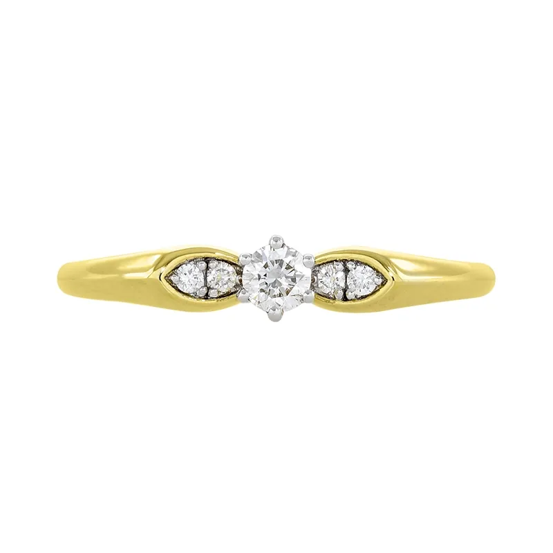 Anillo de compromiso con diamante central redondo de 0.09ct y decoración en diamantes, oro 2 tonos 18k, rodinado