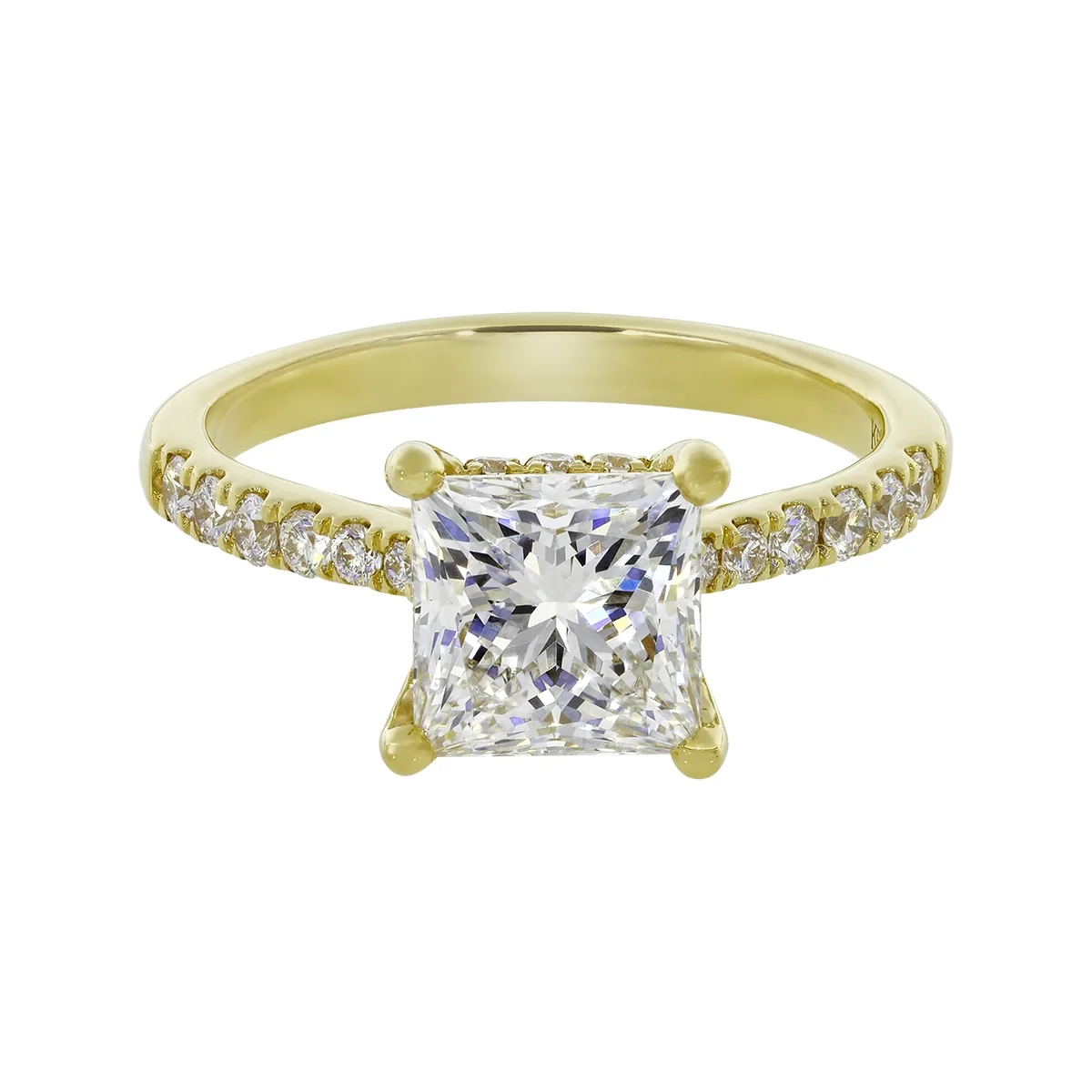 Anillo de compromiso con diamante de laboratorio central princess IGI de 2.00ct y decoración en diamantes de laboratorio, oro tono amarillo 18k