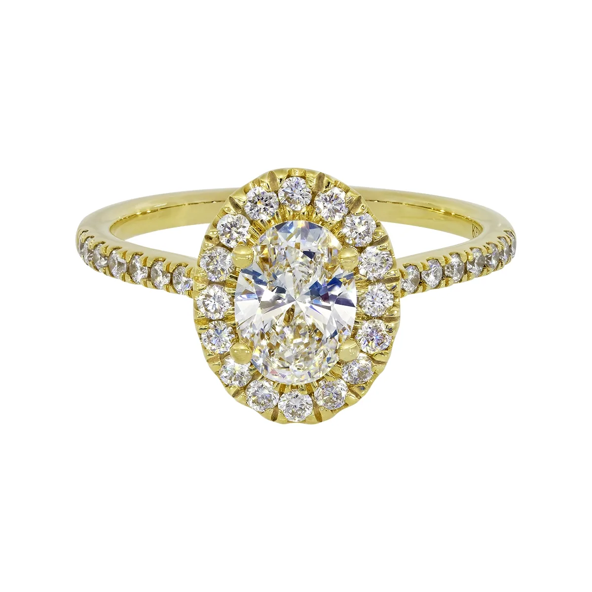 Anillo de compromiso halo oval, con diamante de laboratorio central óvalo IGI de 1.00ct y decoración en diamantes de laboratorio, oro tono amarillo 18k