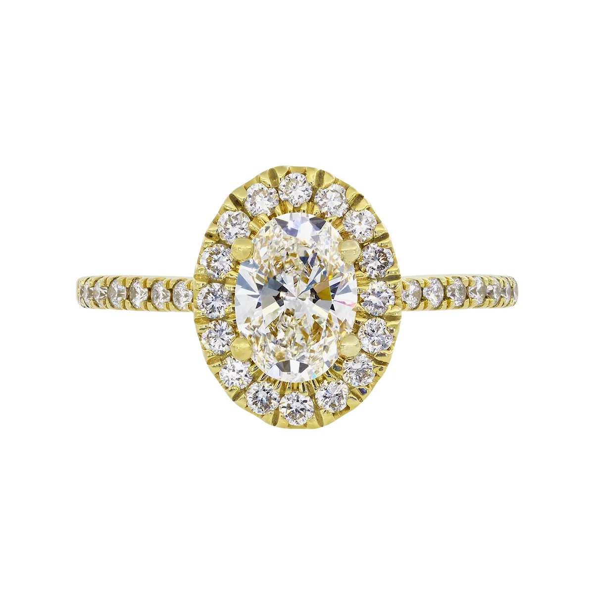 Anillo de compromiso halo oval, con diamante de laboratorio central óvalo IGI de 1.00ct y decoración en diamantes de laboratorio, oro tono amarillo 18k