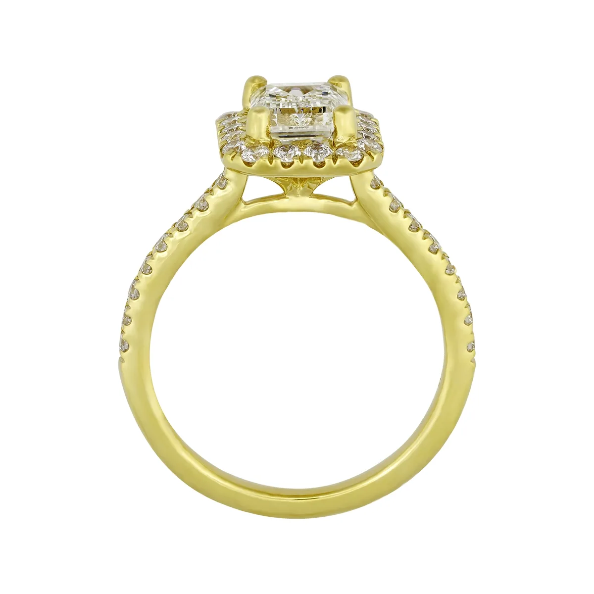 Anillo de compromiso halo rectangular, con diamante de laboratorio central corte esmeralda IGI de 1.50ct y decoración en diamantes de laboratorio, oro tono amarillo 18k
