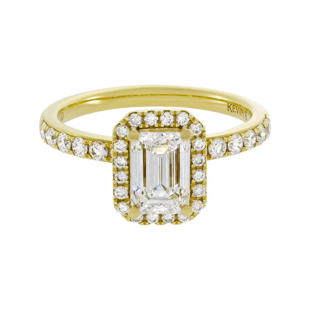 Anillo de compromiso halo rectangular, con diamante de laboratorio central corte esmeralda de 1.00Ct y decoración en diamantes de laboratorio, oro tono amarillo 18k, rodinado