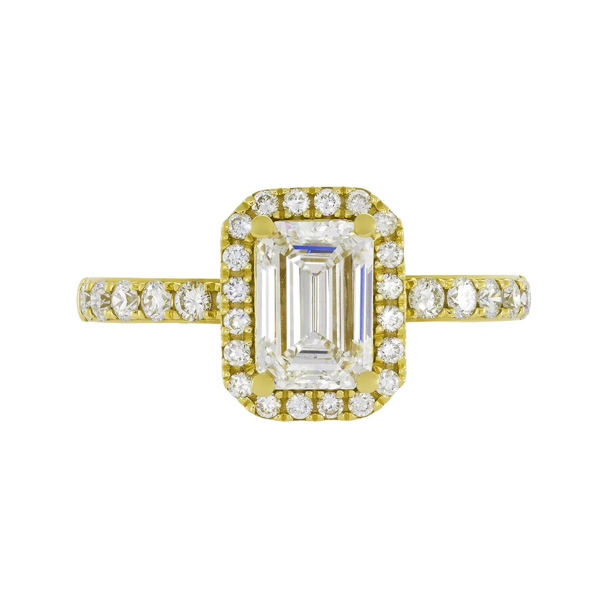Anillo de compromiso halo rectangular, con diamante de laboratorio central corte esmeralda de 1.00Ct y decoración en diamantes de laboratorio, oro tono amarillo 18k, rodinado