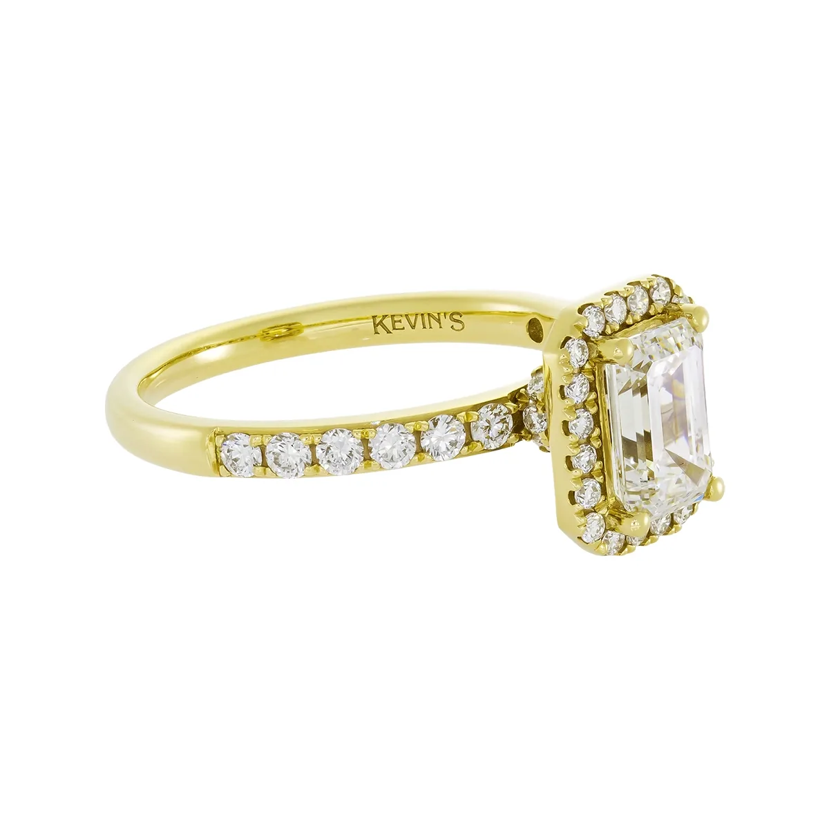 Anillo de compromiso halo rectangular, con diamante de laboratorio central corte esmeralda de 1.00Ct y decoración en diamantes de laboratorio, oro tono amarillo 18k, rodinado