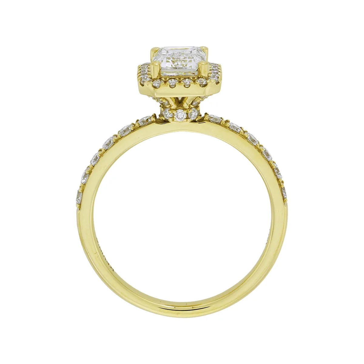 Anillo de compromiso halo rectangular, con diamante de laboratorio central corte esmeralda de 1.00Ct y decoración en diamantes de laboratorio, oro tono amarillo 18k, rodinado