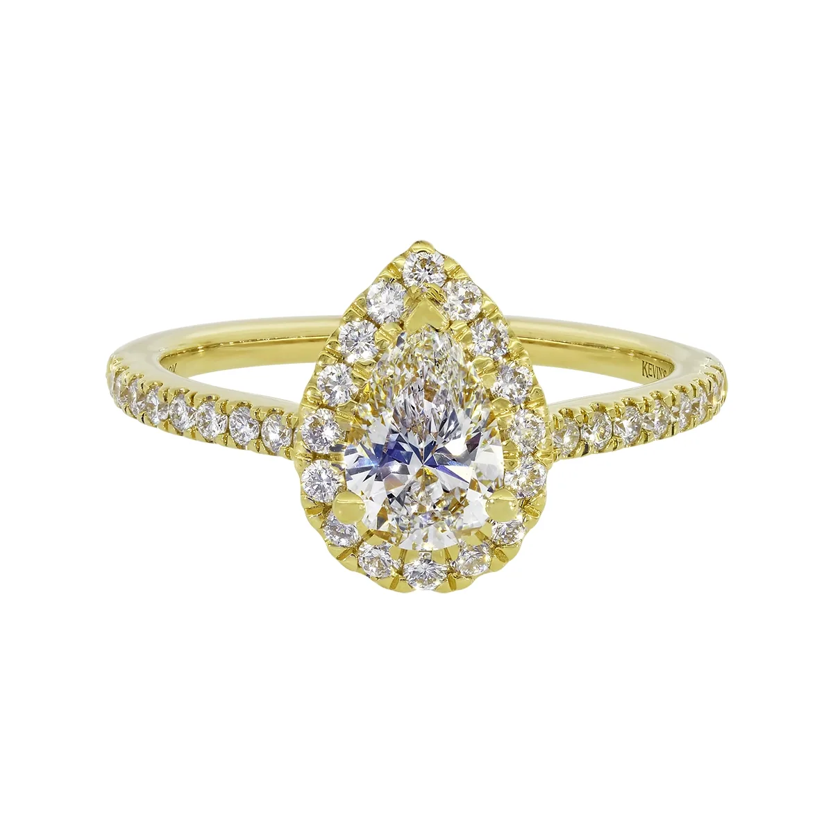 Anillo de compromiso halo pera, con diamante de laboratorio central pera IGI de 0.75ct y decoración en diamantes de laboratorio, oro tono amarillo 18k