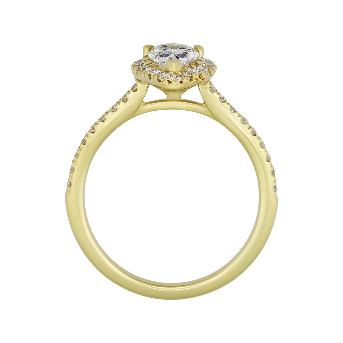 Anillo de compromiso halo pera, con diamante de laboratorio central pera IGI de 0.75ct y decoración en diamantes de laboratorio, oro tono amarillo 18k