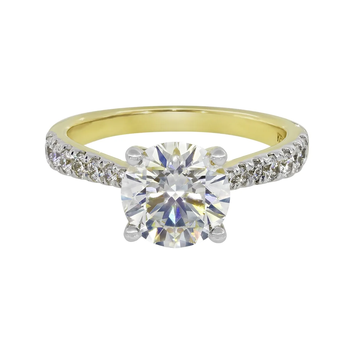 Anillo de compromiso con diamante de laboratorio central redondo IGI de 2.00ct y decoración en diamantes de laboratorio, oro 2 tonos 18k, rodinado