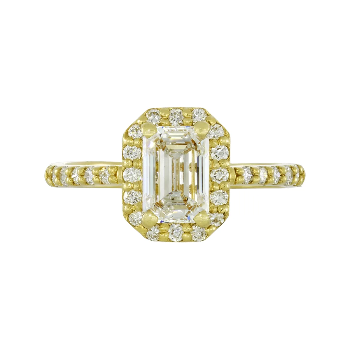 Anillo de compromiso halo rectangular, con diamante de laboratorio central corte esmeralda de 1.00ct y decoración en diamantes de laboratorio, oro tono amarillo 18k