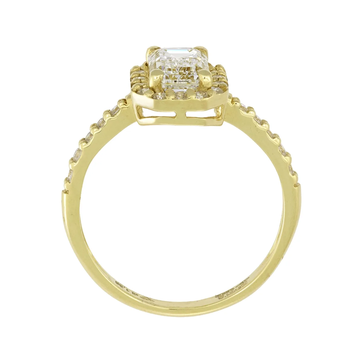 Anillo de compromiso halo rectangular, con diamante de laboratorio central corte esmeralda de 1.00ct y decoración en diamantes de laboratorio, oro tono amarillo 18k