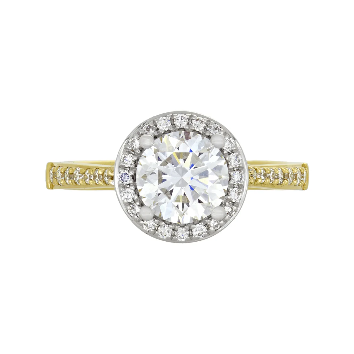 Anillo de compromiso halo redondo, con diamante de laboratorio central redondo de 1.00ct y decoración en diamantes de laboratorio, oro 2 tonos 18k, rodinado