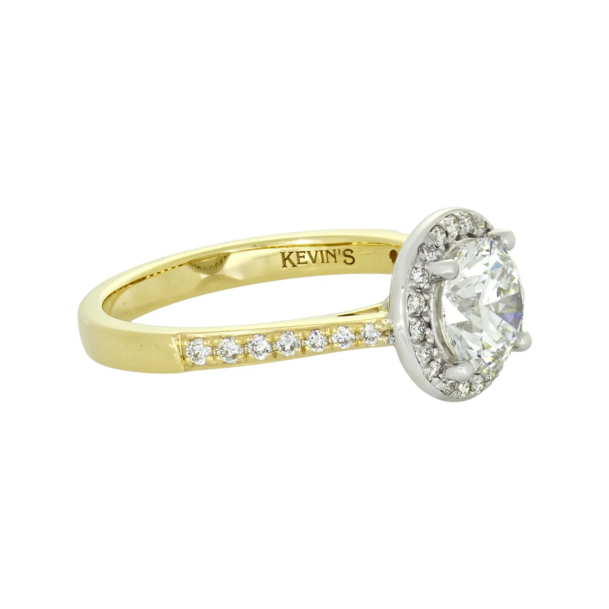 Anillo de compromiso halo redondo, con diamante de laboratorio central redondo de 1.00ct y decoración en diamantes de laboratorio, oro 2 tonos 18k, rodinado