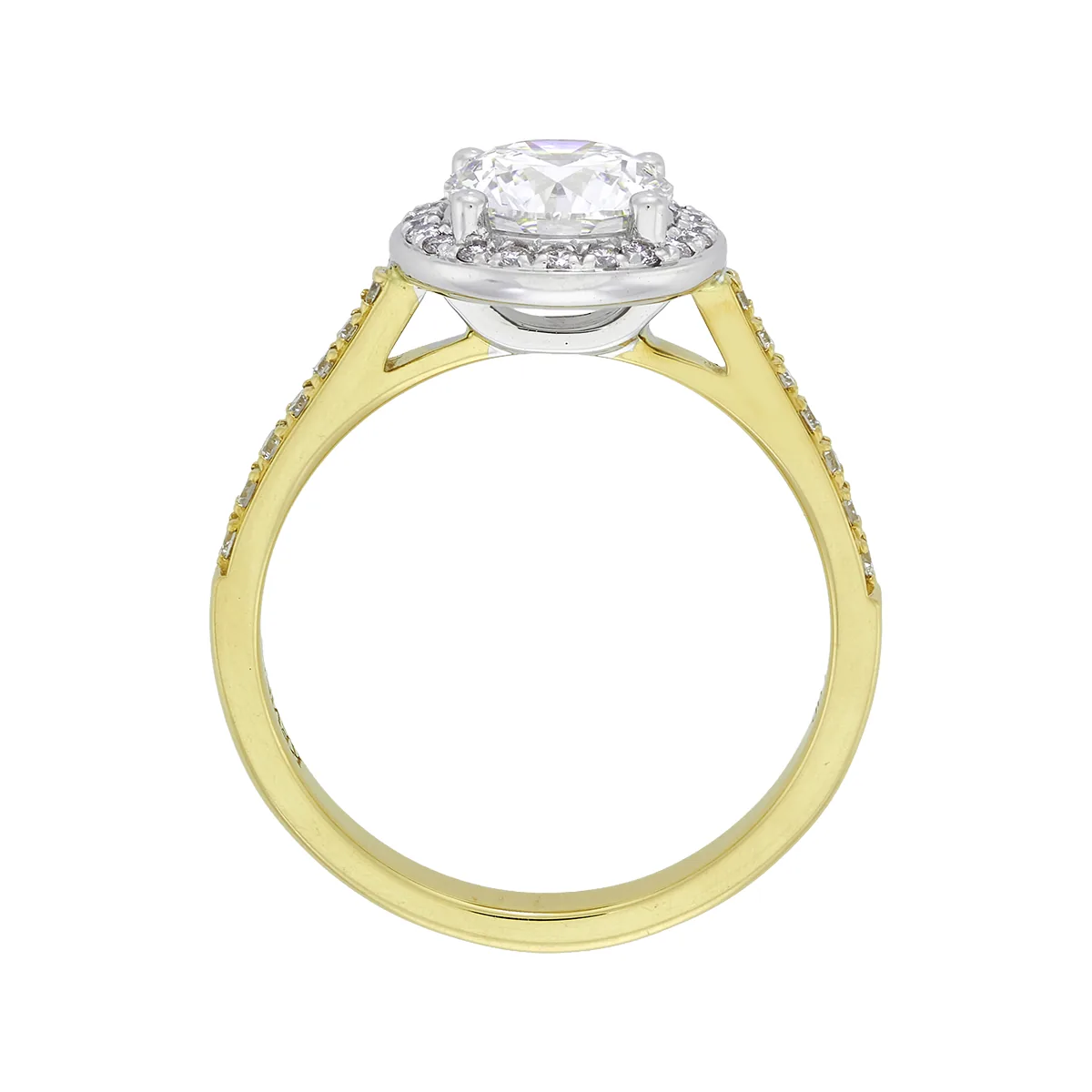 Anillo de compromiso halo redondo, con diamante de laboratorio central redondo de 1.00ct y decoración en diamantes de laboratorio, oro 2 tonos 18k, rodinado