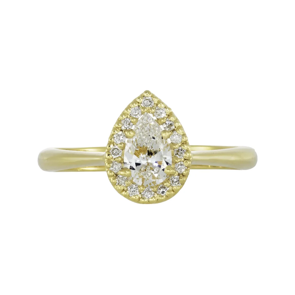 Anillo de compromiso halo pera, con diamante de laboratorio central pera de 0.34ct y decoración en diamantes de laboratorio, oro tono amarillo 18k